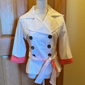 Women’s White Double-Breasted Trench Jacket with Pink Polka Dot Trim